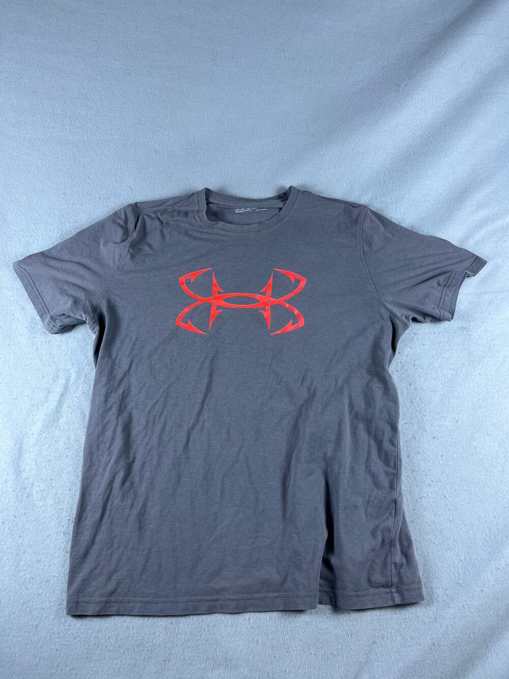 Under Armour T-Shirt Mens L Gray Antler Hook Logo Graphic Loose HeatGear Tee